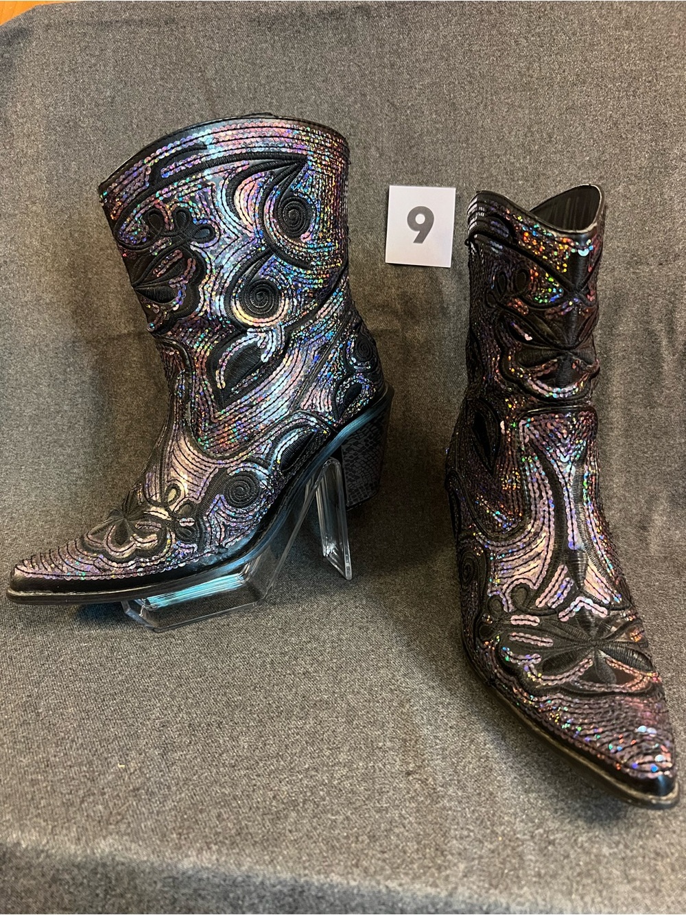 Iridescent Black Sequin Western Ankle Boots - Women's